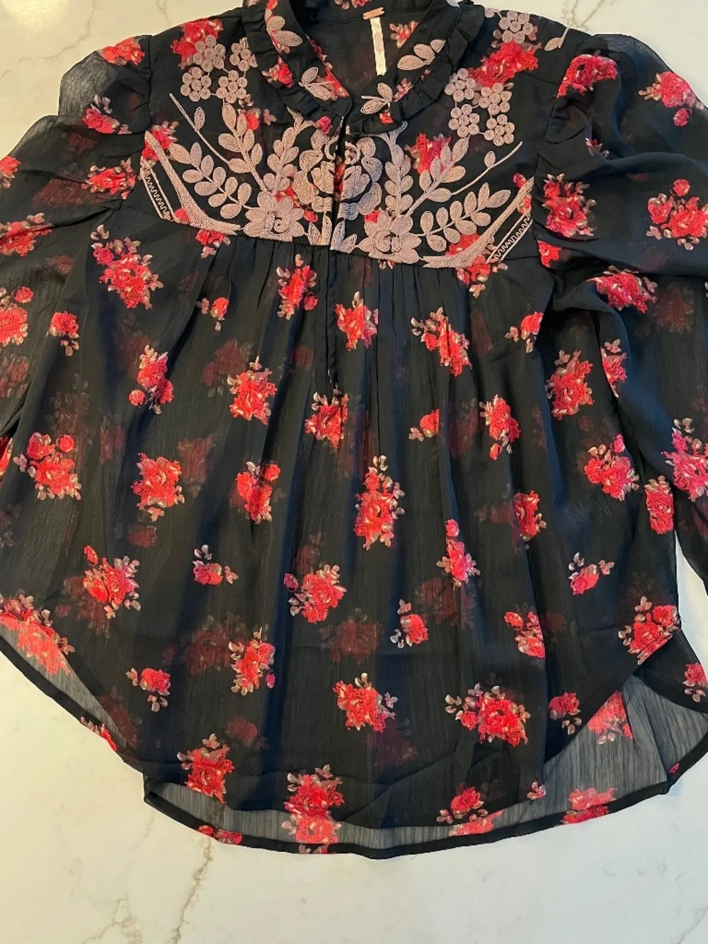 Free People Sheer Black Boho Shirt with Embroidery
